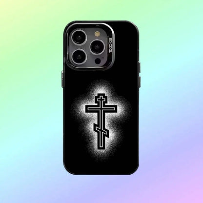 O-Orthodox Cross Icon Phone Case For iPhone17,16,15,14,13,12,11  Lens Border Silver Plated Cover Candy Matte Cover