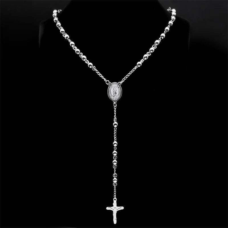 Religious Catholic Virgin Mary Jesus Cross Rosary Necklace for Men Women Stainless Steel Christian Christ Long Chain JewelryZZZ