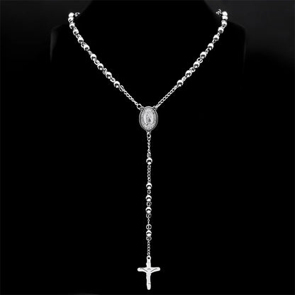 Religious Catholic Virgin Mary Jesus Cross Rosary Necklace for Men Women Stainless Steel Christian Christ Long Chain JewelryZZZ