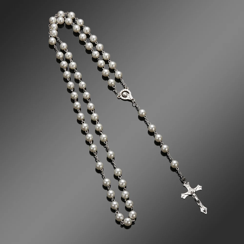 Vintage Rosary Beads Chain Cross Necklace Handmade Quality  Glass Bead Catholic Rosary Religious Crucifix Pendants Necklace