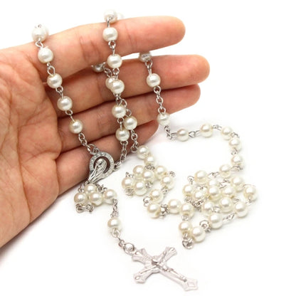 White-Pearl Rosary Beads Catholic Necklace Holy Medal-Cross Christian Long Chain