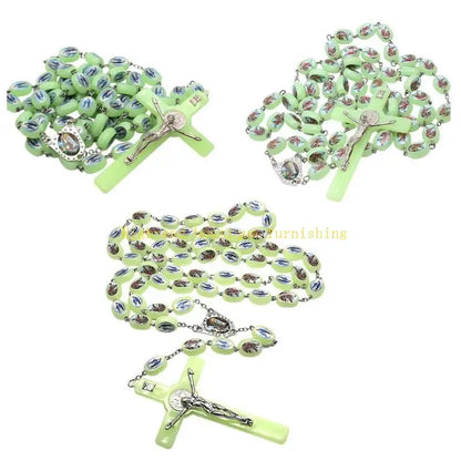 L9NB Catholic Angel Virgin Mary Luminous Rosary Religious Beads Wall Hanging Rosary for Cross Pendant Necklace Glow in The Da