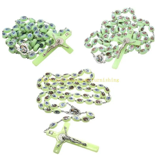 L9NB Catholic Angel Virgin Mary Luminous Rosary Religious Beads Wall Hanging Rosary for Cross Pendant Necklace Glow in The Da