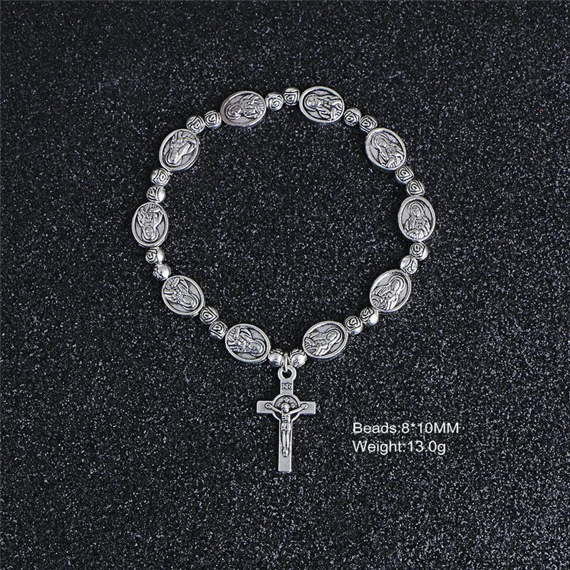 Handmade Rosary Bracelet Elasticated Metal   Round Rose Alloy Beads Catholic Saints Images Prayer  Car Ornament