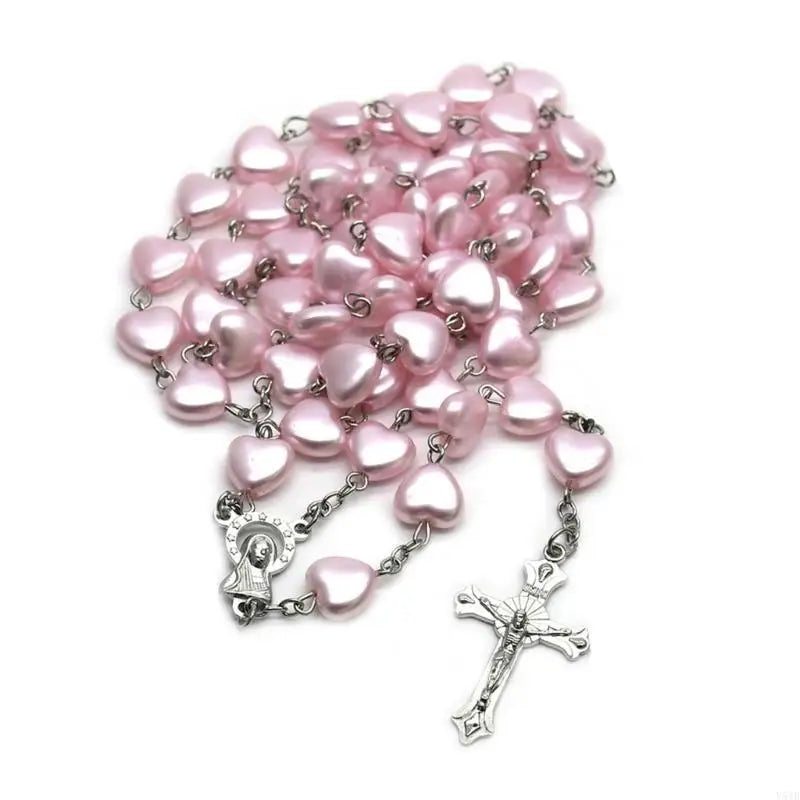Y51B Catholic Rosary Necklaces Pink Heart-shaped Beads Long Chain for Women