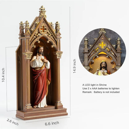 BC Catholic Sacred Heart of Jesus Statue, Jesus Christ Sculpture, 14.9 H Blessed Tabletop Shrine with LED Light, Religious Gift