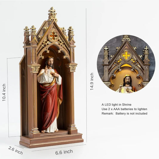 BC Catholic Sacred Heart of Jesus Statue, Jesus Christ Sculpture, 14.9 H Blessed Tabletop Shrine with LED Light, Religious Gift