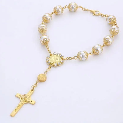 One Decade Auto Rosary Beads Catholic Bracelet Saint Benedict Crucifix Divine Mercy Gift for Women Men