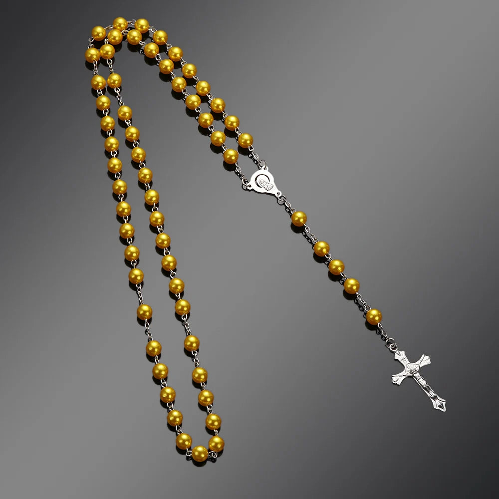 Vintage Rosary Beads Chain Cross Necklace Handmade Quality  Glass Bead Catholic Rosary Religious Crucifix Pendants Necklace
