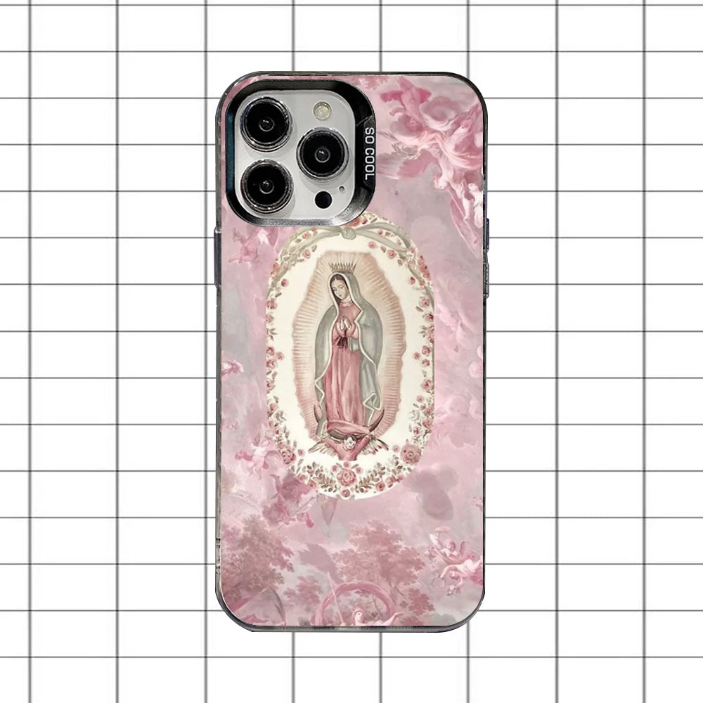 Virgin Mary Jesus Heart Phone Case For iPhone 16,15,14,13,12,11,8,7,Pro,Max,Plus,Mini,XS,SE Anti Fall Black Matte Hard