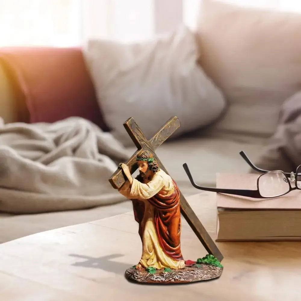 Jesus on The Way To Calvary Jesus Cross Statue Realistic Resin Christ Figure Waterproof Handmade Catholic Religious Accessories