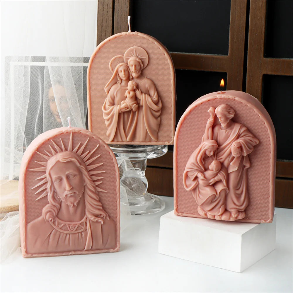 Catholic Family of Three Silicone Candle Mold Jesus Virgin Mary Figurine Resin Molds Religious Gypsum Ornaments Making Supplies