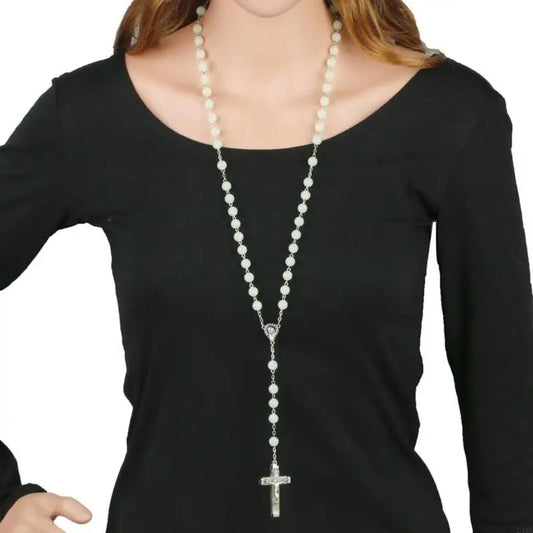L43A Glow Rosary Necklace Jesus Christ for Cross Pendant Noctilucent Chai