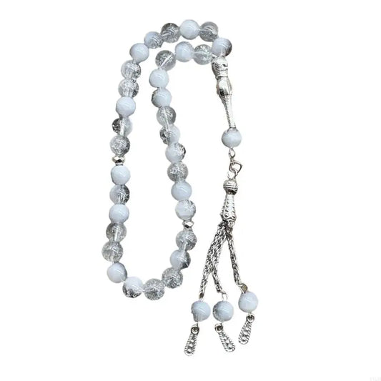 Handmade 33 Beads Muslims Rosary Ice Cracked Glass Tasbih with Tassels Pendant for Daily Prayers and Meditation Supply