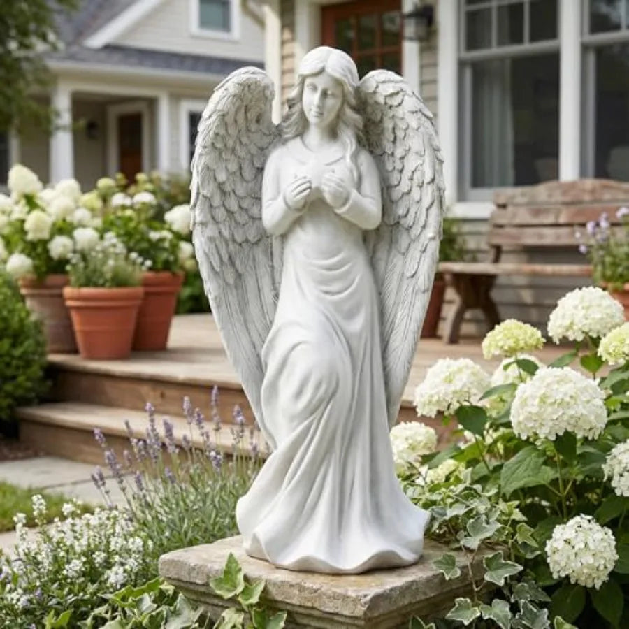 Standing Angel Statues for Garden 18.9 Inch Outdoor Garden Decor in White Religious Blessed Catholic Magnesium Oxide Stone Scul