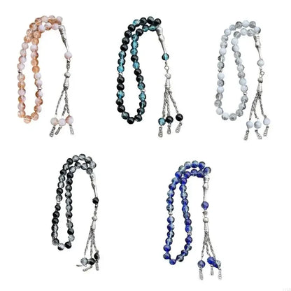 Handmade 33 Beads Muslims Rosary Ice Cracked Glass Tasbih with Tassels Pendant for Daily Prayers and Meditation Supply