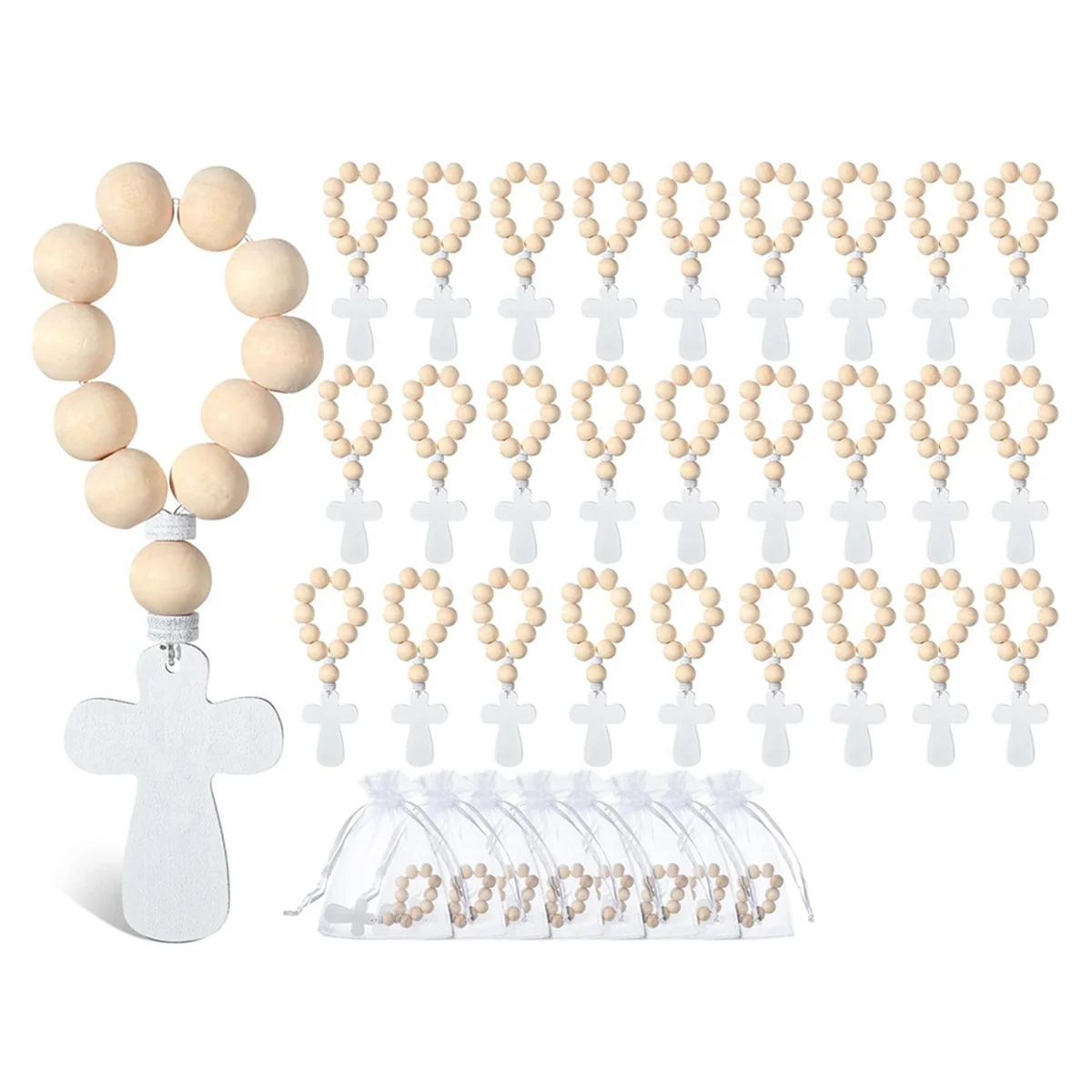New 36Pcs Wooden Rosary Rosary Beads with White Mesh Bags for Baptism First Communion Confirmation Baby Shower Bridal Shower
