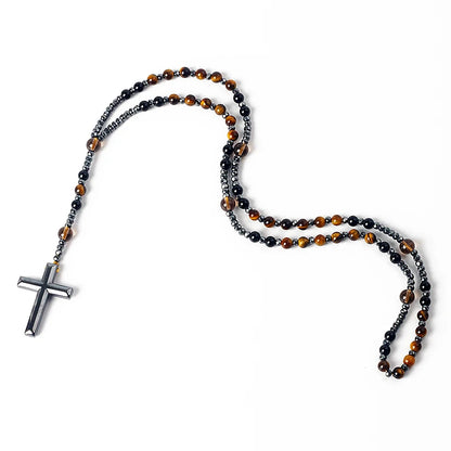 Hematite Tiger Eye Onyx Bracelets Catholi Christ Rosary Bead Long Bracelets for Men Hematite Cross Pendant Meditation Jewelry