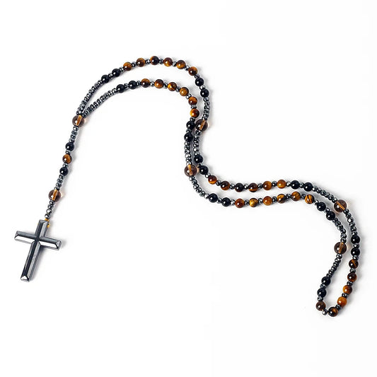 Hematite Tiger Eye Onyx Bracelets Catholi Christ Rosary Bead Long Bracelets for Men Hematite Cross Pendant Meditation Jewelry