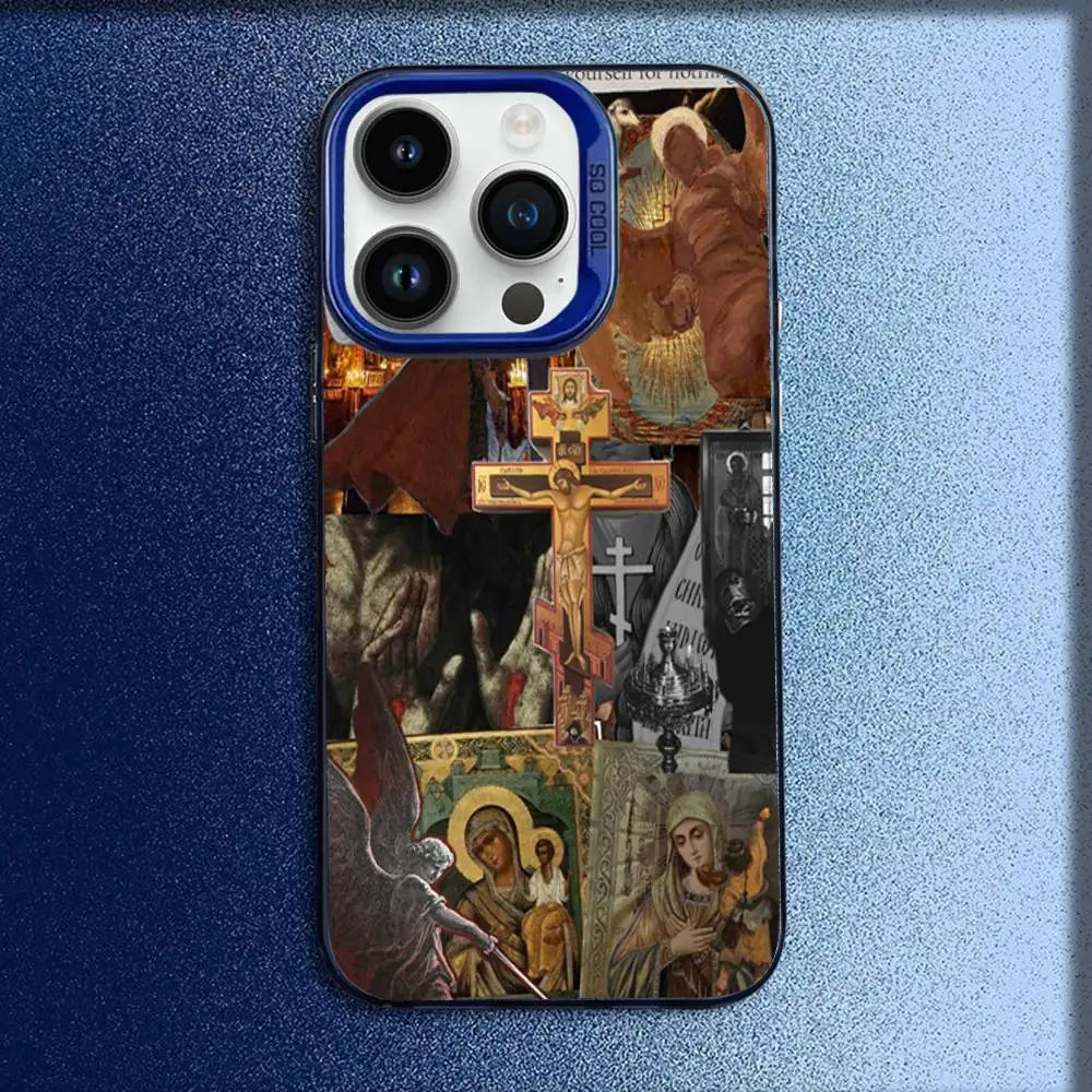 Orthodox Cross Icon Church Phone Case For iPhone 16,15,14,13,12,11,Mini,Pro,E,MAX Blue Candy Matte Shockproof Cover