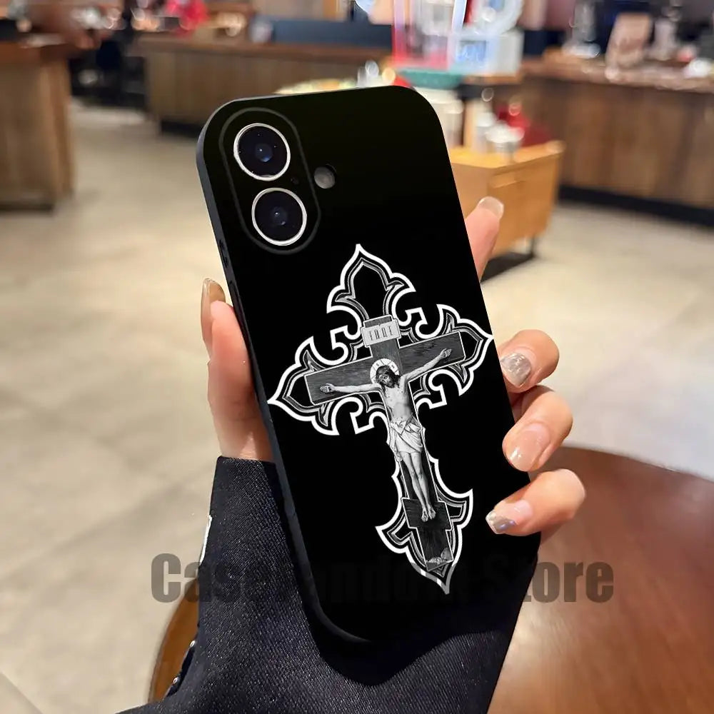 Orthodox Cross Icon Jesus God Phone Case For iPhone 17,16,15,14,13,12,11,Pro,Max,Plus Black Shockproof Soft Cover