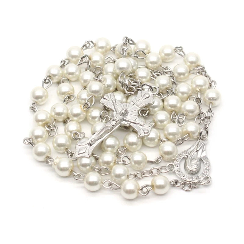 White-Pearl Rosary Beads Catholic Necklace Holy Medal-Cross Christian Long Chain