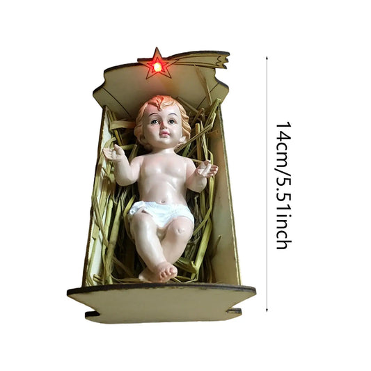 Babies Jesus Statue Wooden Manger Nativity Scene Decor Christmas Resin Sculpture for Indoor Holiday Home