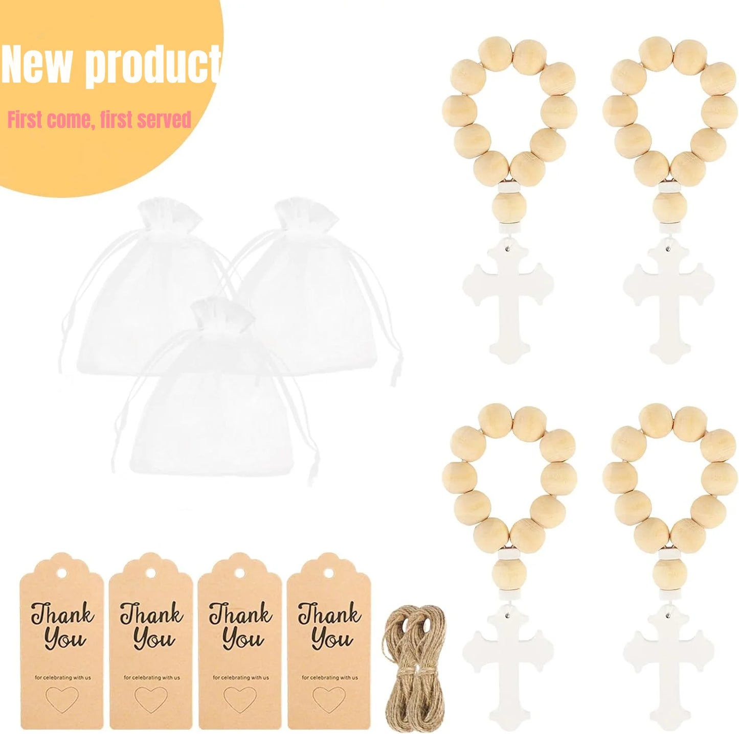 12/18PCS Catholic Wooden Rosary Bead with Cross Beads Christening Favors with White bag  for the First Communion Confirmation