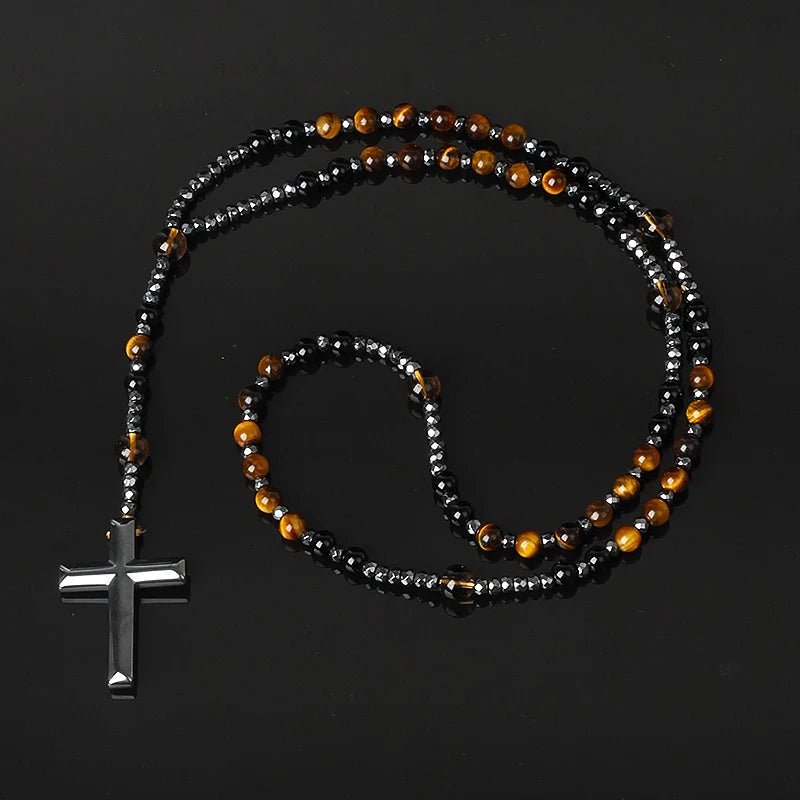 Hematite Tiger Eye Onyx Bracelets Catholi Christ Rosary Bead Long Bracelets for Men Hematite Cross Pendant Meditation Jewelry