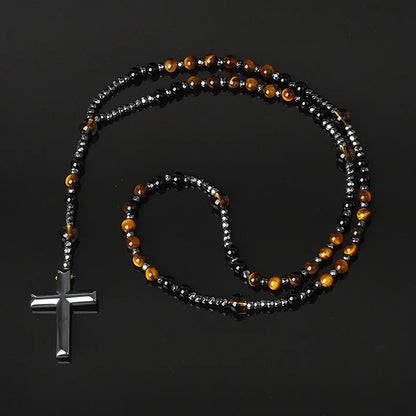 Hematite Tiger Eye Onyx Bracelets Catholi Christ Rosary Bead Long Bracelets for Men Hematite Cross Pendant Meditation Jewelry