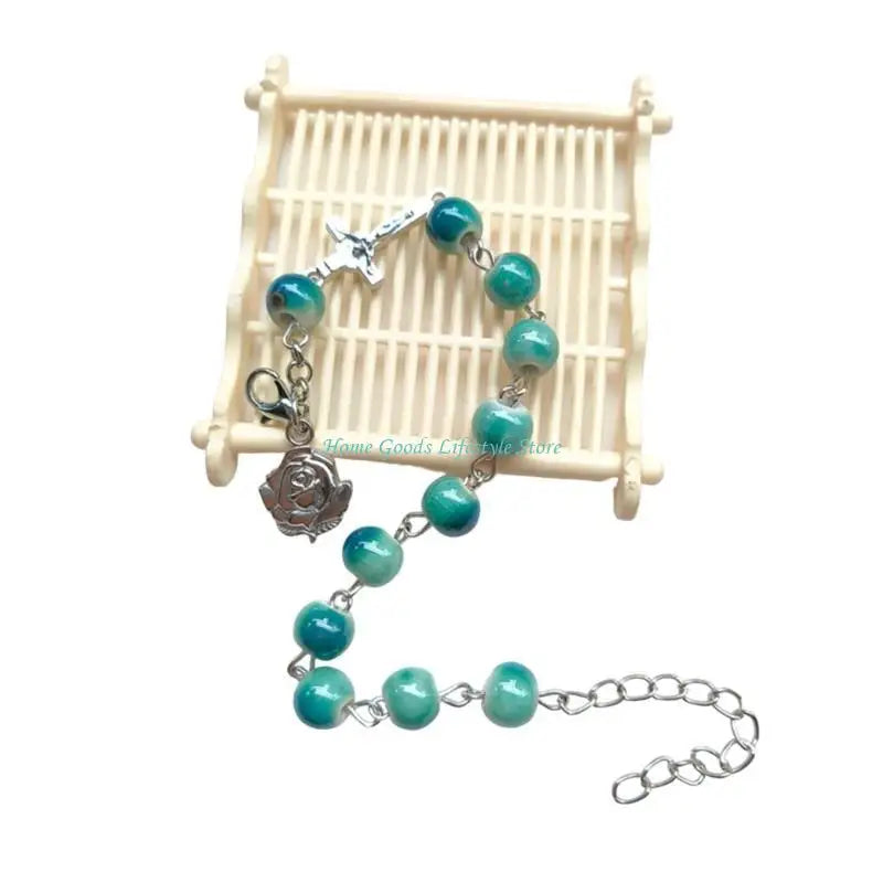 E74E Handmade Round Beads Bracelets Catholic Rosarys Beads Crosses Religious Pendants Bracelets Catholic Jewelry Gift