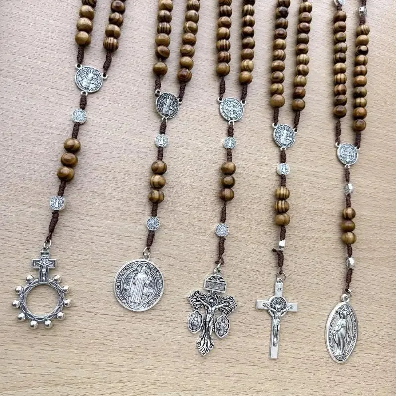 Braided Beads Chain Rosary Necklace with Pardon Crucifix Crosses Medals Pendant Christians Religious Communion Gift