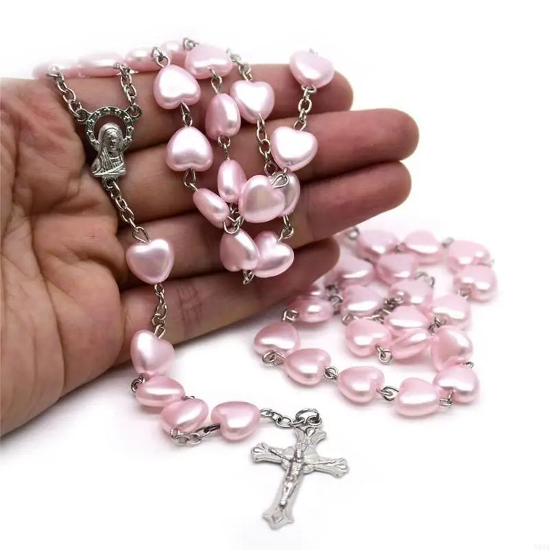 Y51B Catholic Rosary Necklaces Pink Heart-shaped Beads Long Chain for Women