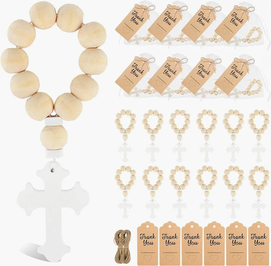 12/18PCS Catholic Wooden Rosary Bead with Cross Beads Christening Favors with White bag  for the First Communion Confirmation