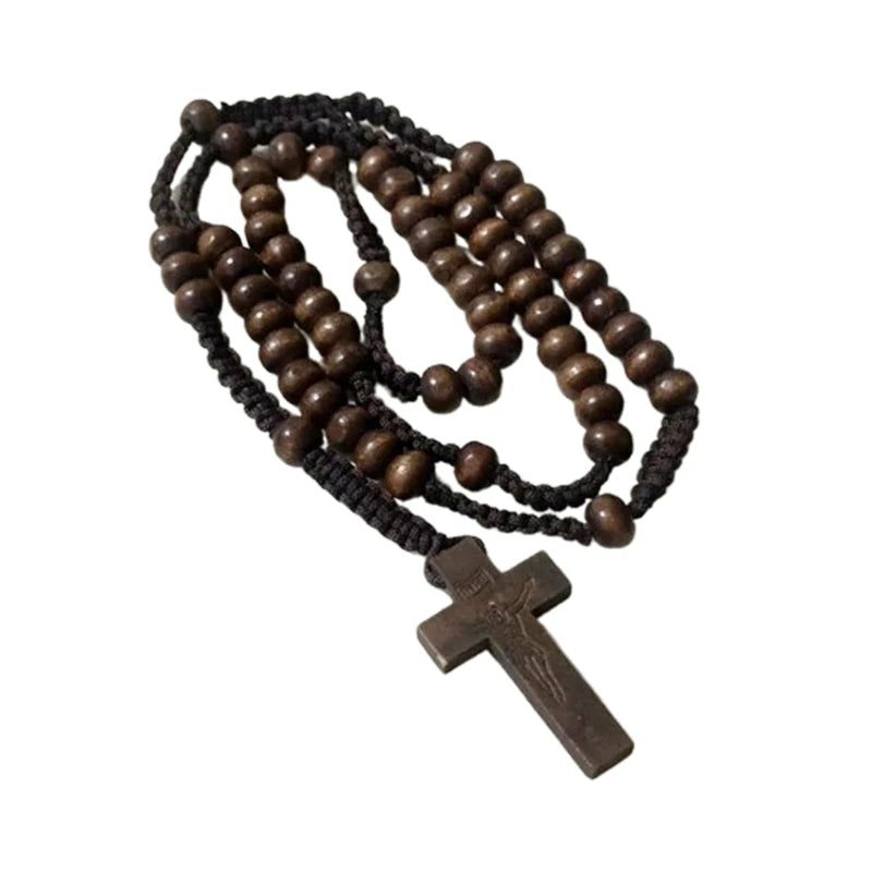 Wood Beads Cross Rosary Necklace Holy Catholic Jewelry Charm Crafts for Christian Church Home Bedroom Decoration