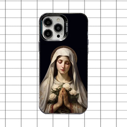 Virgin Mary Jesus Heart Phone Case For iPhone 16,15,14,13,12,11,8,7,Pro,Max,Plus,Mini,XS,SE Anti Fall Black Matte Hard