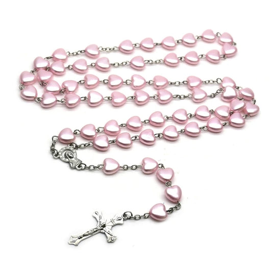 Heart Bead Rosary Necklaces Catholic Prayer Pink Heart-shaped Pendant Long Chain Christian Religious Jewelry Gift