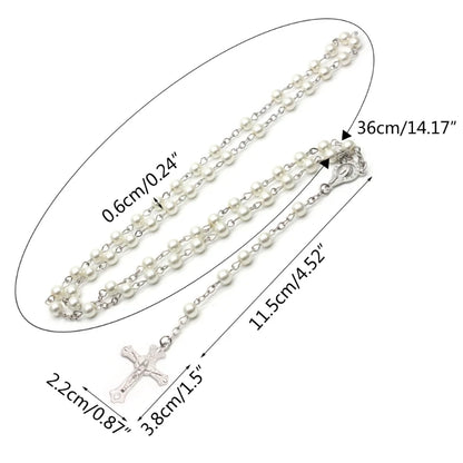 White-Pearl Rosary Beads Catholic Necklace Holy Medal-Cross Christian Long Chain