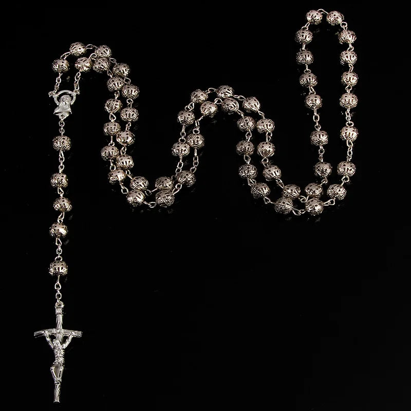 8mm yellow gold rosary necklace. Star Maria Christ's cross necklace. Jesus Christ Cross Pendant Chain Gift Jewelry Wholesale