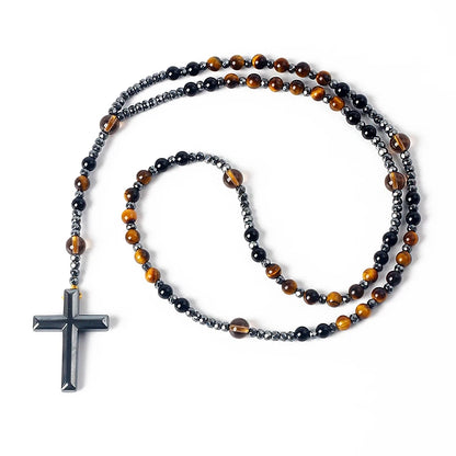 Hematite Tiger Eye Onyx Bracelets Catholi Christ Rosary Bead Long Bracelets for Men Hematite Cross Pendant Meditation Jewelry