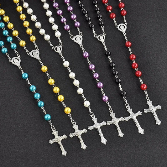 Imitation Pearl Rose Rosary Necklace Pendant Women Catholic Religious Gift