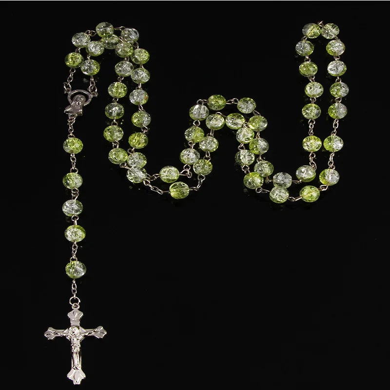 8mm Colored Glass Rosary Pendant Necklace Alloy Cross Virgin Mary Center Catholic Christian Religious Jewelry
