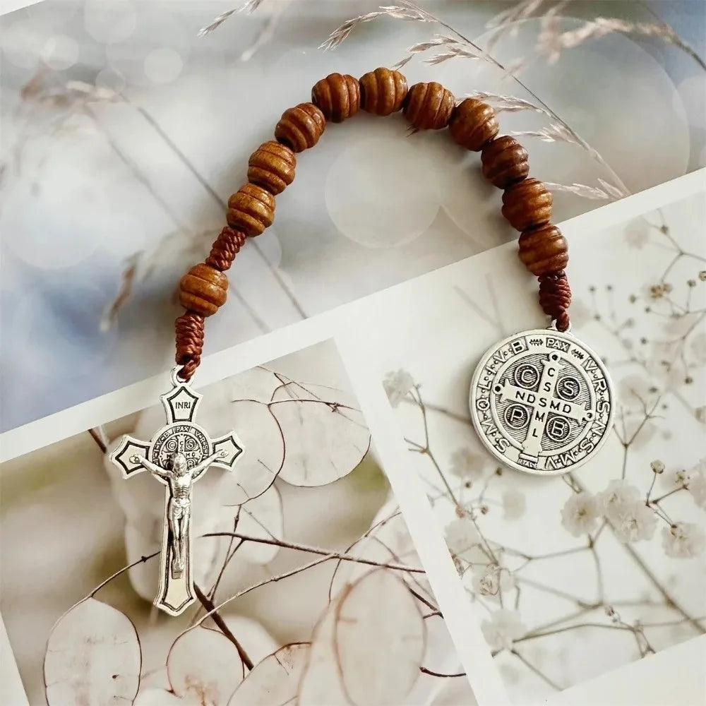 Vintage Saint Benedict Medal Prayer Alloy Wooden Prayer Beads Blessing Handmade Saint Benedict Rosary Catholic Prayer