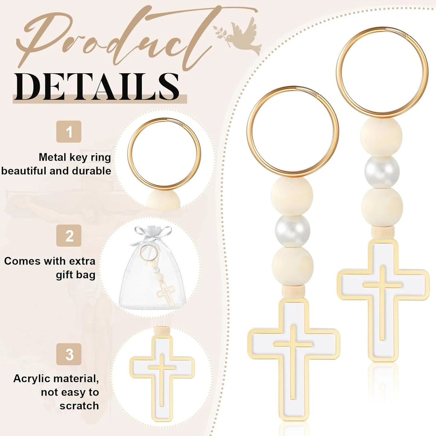 10/20Pcs First Holy Communion Favors Rosary Beads with Cross Crucifix Keychain with White Organza Bag Baptism Favors