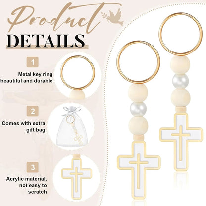 10/20Pcs First Holy Communion Favors Rosary Beads with Cross Crucifix Keychain with White Organza Bag Baptism Favors