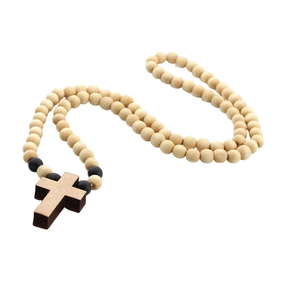 Wood Cross Pendant Necklace Chunky Beaded Chain Rosary Style Accessory for Men Women Church Events