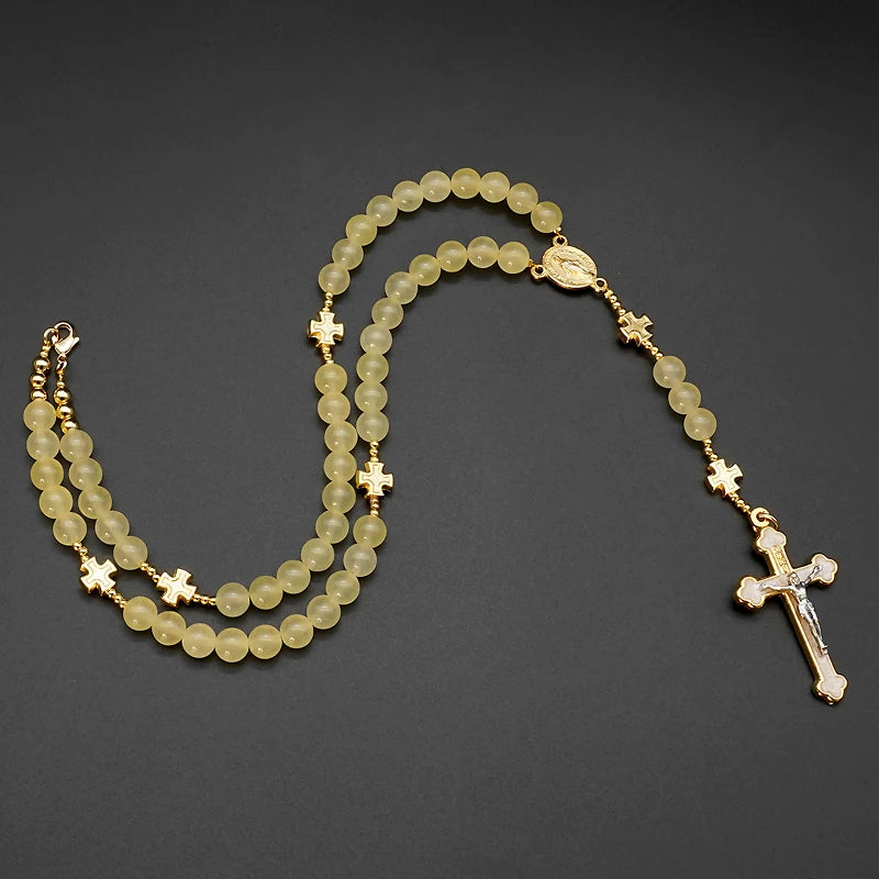 Citrine Marriage Virgin Mary Rose Rosary Catholic Relic chapelet catholique Crystal jesus cross necklace religious jewelry Gifts